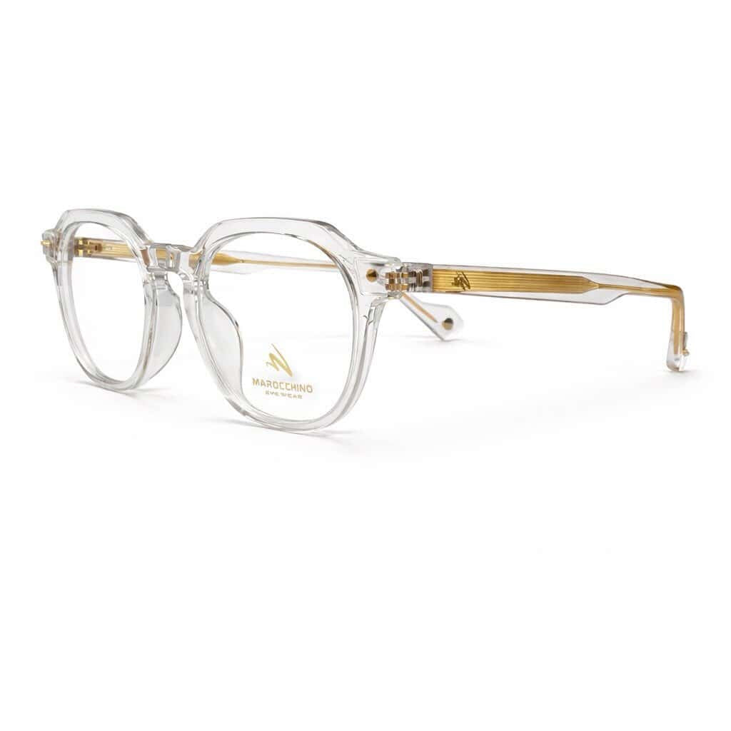 Lunettes de vue transparentes élégantes avec branches dorées.