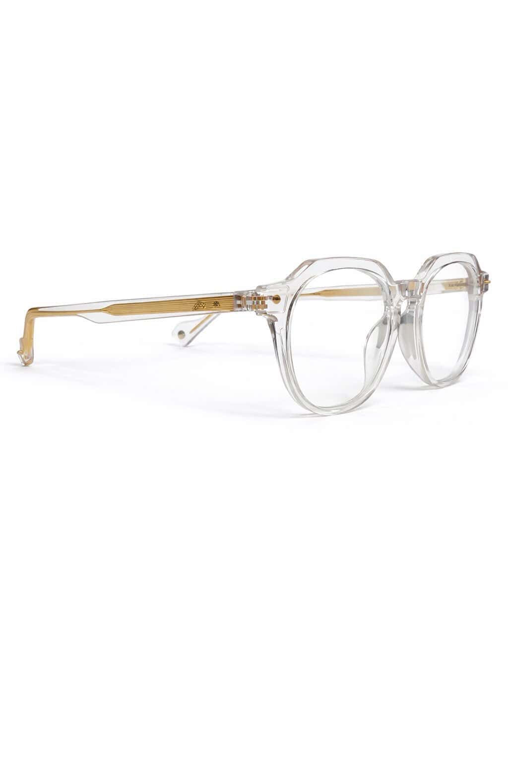 Lunettes de vue transparentes élégantes avec branches dorées.