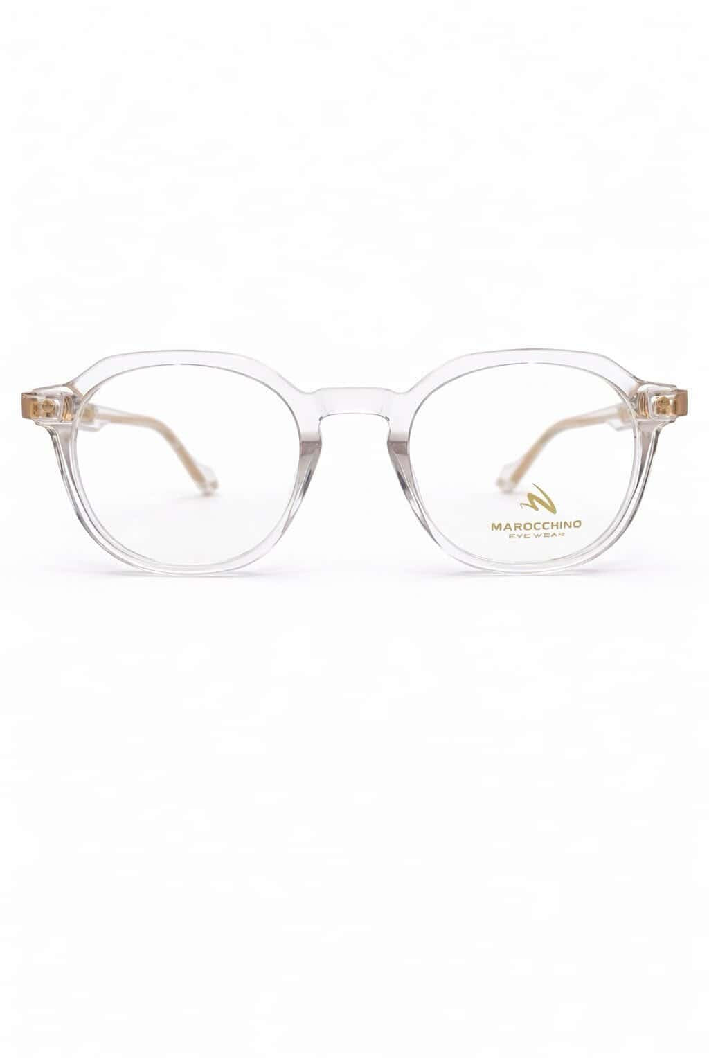 Lunettes de vue transparentes élégantes avec branches dorées.